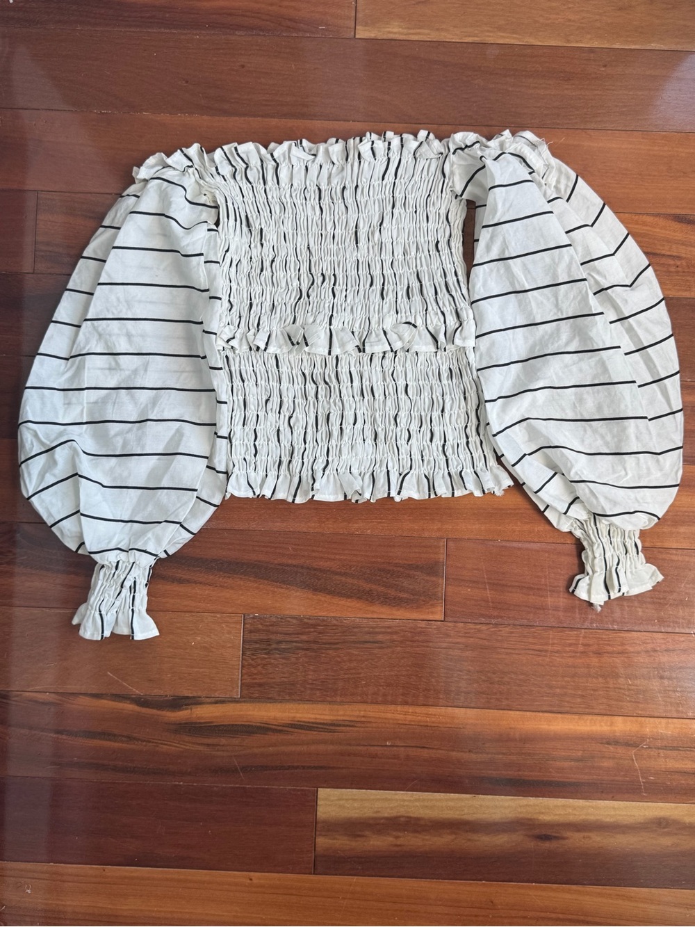 Smocked XS Off the Shoulder Puff Long Sleeve Top - White with Black Stripes